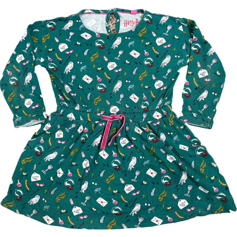Mini Boden Harry Potter Dress Girls 3-4Y Green Hedwig Owl Magic Long Sleeve